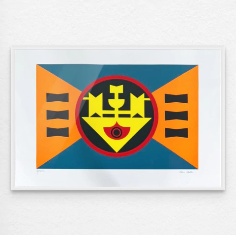 Serigrafia de Rubem Valentim com formas geométricas em amarelo, vermelho, preto, azul e laranja, emoldurada em branco
