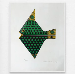 Serigrafia de Aldemir Martins de 1958 mostrando um peixe estilizado em verde e preto com detalhes em amarelo, com assinatura e numeração 93/100