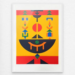 Serigrafia colorida de Rubem Valentim com formas geométricas abstratas em vermelho, amarelo, preto, verde e azul, emoldurada em branco