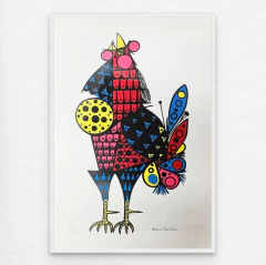 Serigrafia colorida de Aldemir Martins representando um pássaro estilizado com padrões geométricos em vermelho, azul, amarelo e preto.