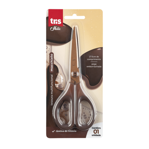 Tesoura Multifuncional Holic Coffee Shop - 17,5 cm - Lâmina de Titânio - Cartela C/ 1 un - Tris