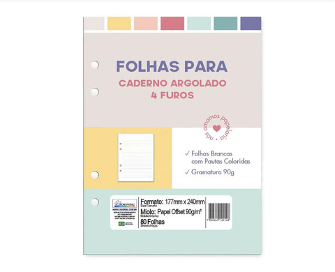 Refil Caderno Colegial Argolado – Folhas Brancas com Pautas Coloridas