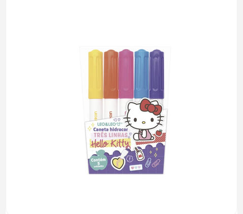 Caneta Hidrocor 3 Linhas Hello Kitty Estojo C/ 5 Cores