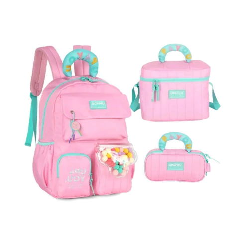 Mochila De Costa Rosa Pompom Up4ypu + Lancheira + Estojo - Luxcel - comprar online