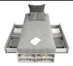 box de cama 1 plaza 4 cajones + estantes