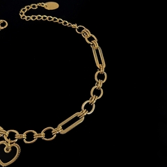Pulseira Elos com Coração Preto Aço Inox Dourado na internet