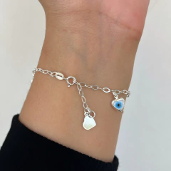 Pulseira Elos com Pingente Coração Olho Grego e Liso Pendurado Prata