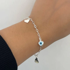 Imagem do Pulseira Elos com Pingente Coração Olho Grego e Liso Pendurado Prata