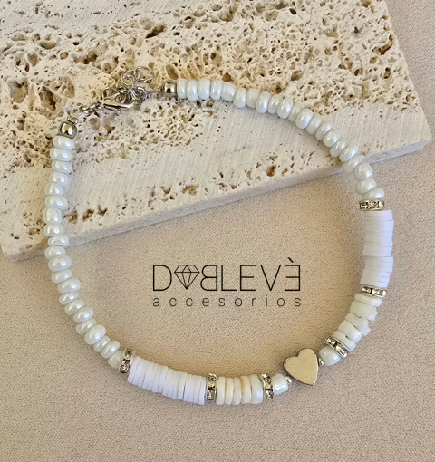 Tobillera nácar y hematite - corazón plateado - comprar online