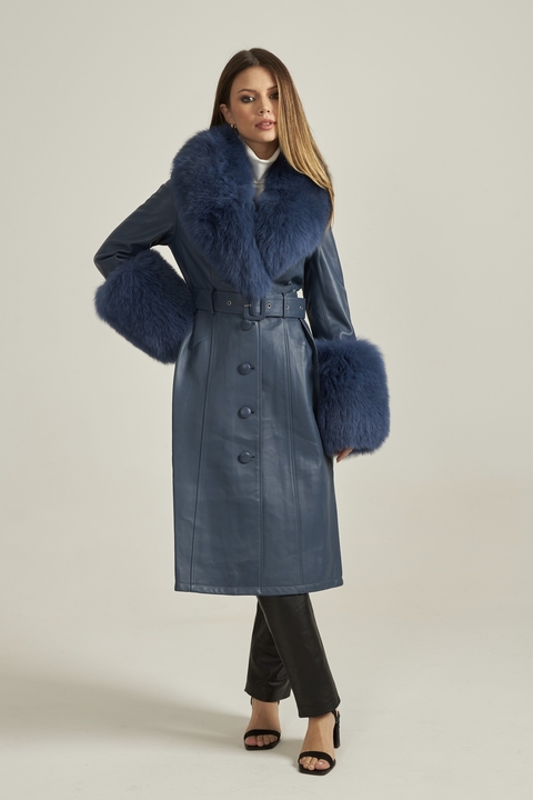 Sobretudo em Couro e Pele Azul Marinho - Pronta Entrega