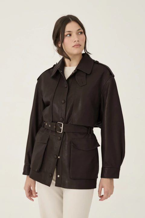 Jaqueta Parka em Couro com Cinto Café - comprar online