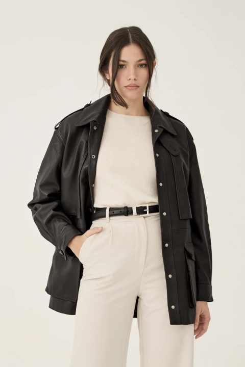 Jaqueta Parka em Couro com Cinto Preto - comprar online