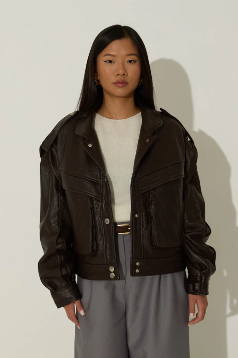 Jaqueta Biker em Couro Texturizado Café - comprar online