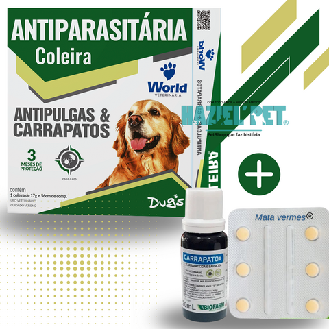 Kit Coleira Antipulgas e Carrapatos + Vermífugo + Produto para Dedetização 3 Meses de Proteção