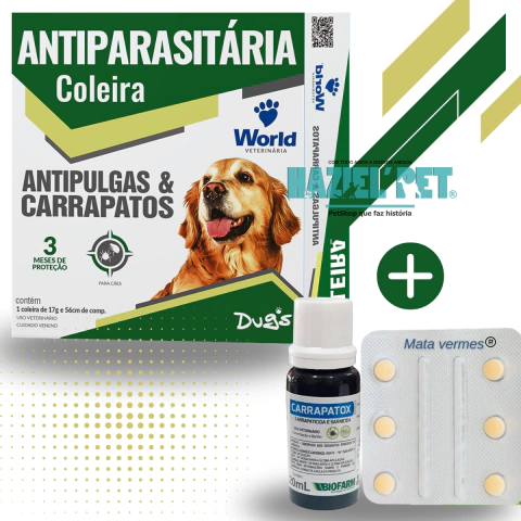 Kit Coleira Antipulgas e Carrapatos + Vermífugo + Produto para Dedetização 3 Meses de Proteção