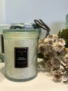 Mini vela pote vidro 50h White Cypress