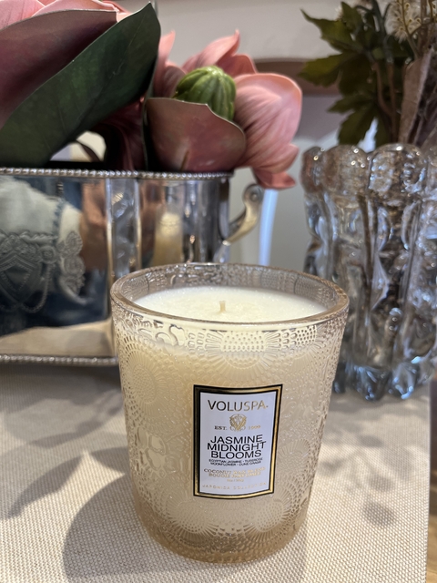 Vela copo vidro classico 60h Jasmine Midnight Blooms