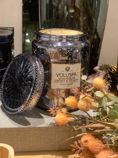 Vela pote vidro 100h Makassar Ebony e Peach