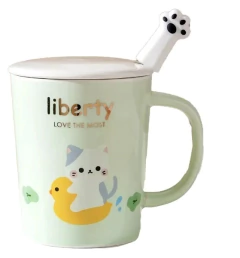 Imagen de Taza De Ceramica Kawaii Gatito Con Tapa Y Cucharita