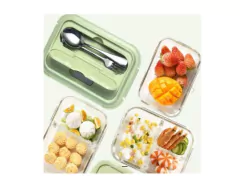 Lunchera -Vianda Hermética de Vidrio la base y tapa de plástico con cierre Clic & lock con Cubiertos 960ml