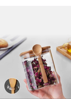 Contenedor Recipiente Hermético Vidrio-bambú-cuchara Tapa cuadrada - Anantrade- My shop Kawaiii