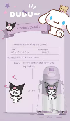 Imagen de Termo Botella Sanrio Kawaiii Kuromi Cinnamoroll My Melody Purin amde 600ML con sorbete