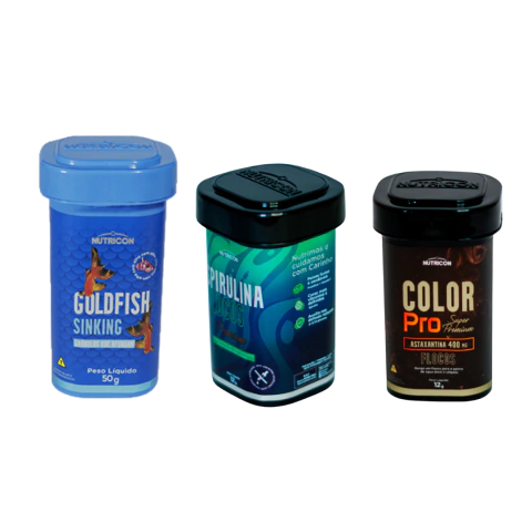 Kit Ração para Peixes Goldfish Sinking Kinguios 50g, Spirulina Flocos 12g e Color Pro 12g - Nutricon