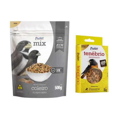 Kit Prefere Mix de Sementes Coleiro e Papa-Capim (500g) e Tenébrio Molitor Desidratado