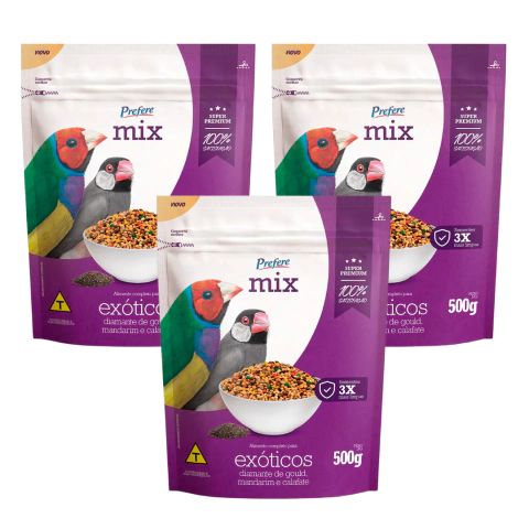 3UN - Prefere Mix Pássaros Exóticos - Diamante Gould, Mandarim e Calafate (500g)