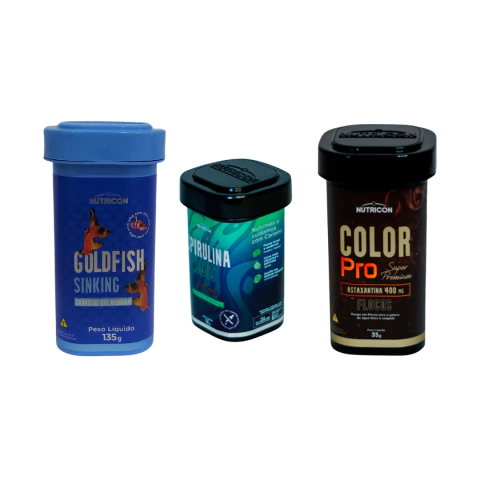 Kit Ração para Peixes Goldfish Sinking Kinguios 135g, Spirulina Flocos 12g e Color Pro 35g - Nutricon