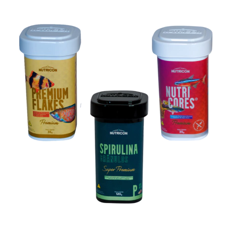 Kit Nutricon Ração em Flocos para Peixes e Spirulina 120g - Premium Flakes e Nutricores 35g