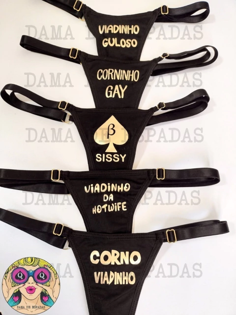 Kit 5 calcinhas eróticas para Beta, Cd, Gay, Cuckold, Sissy, cor preta com estampas douradas. - comprar online