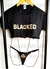 Conjunto Underboob preta com estampa BLACKED + calcinha em preto com estampa Espadas em dourado