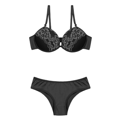 Calcinha e Sutiã Conjunto Liso Com Renda Bojo Microfibra Poliéster Sexy