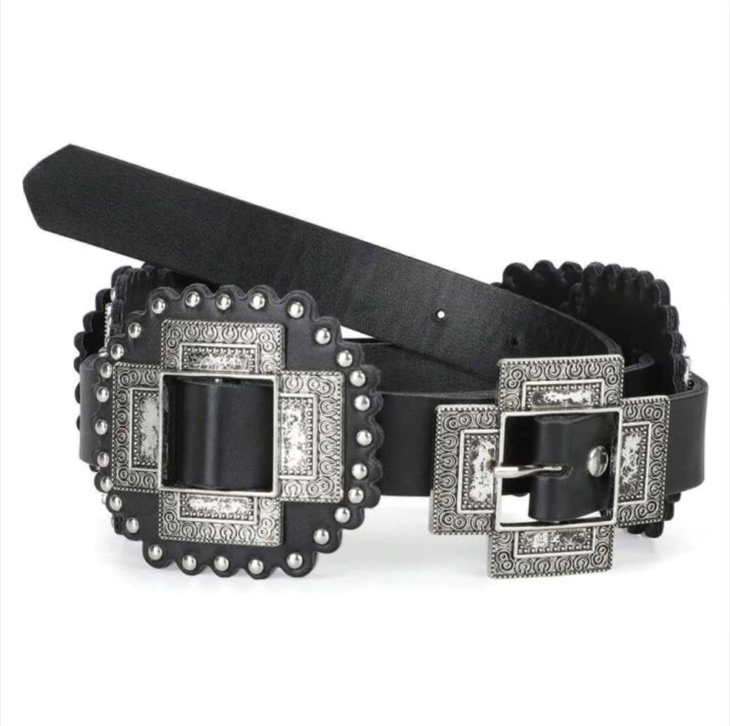 CINTURON PIEL PU NEGRO CRUZ Y ESTOPEROLES PLATA