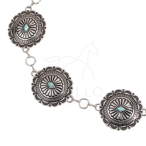 CINTURON CADENA ROSETON CON ROMBO TURQUESA FINO