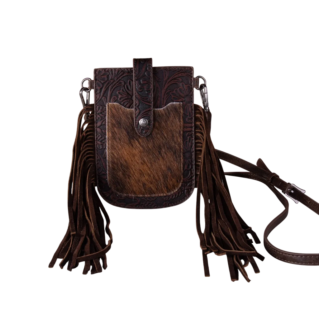 Bolso Montana West Crossbody Porta Celular Con Barbas y Aplicacion con Pelo Cafe Oscuro MW1263-200BR