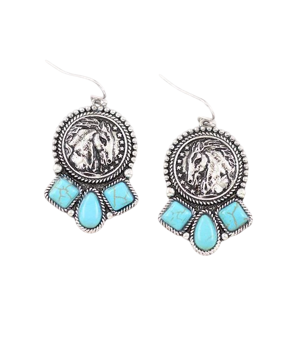 Aretes Cabeza de Caballo y Piedras Turquesa Cuadros y Gota