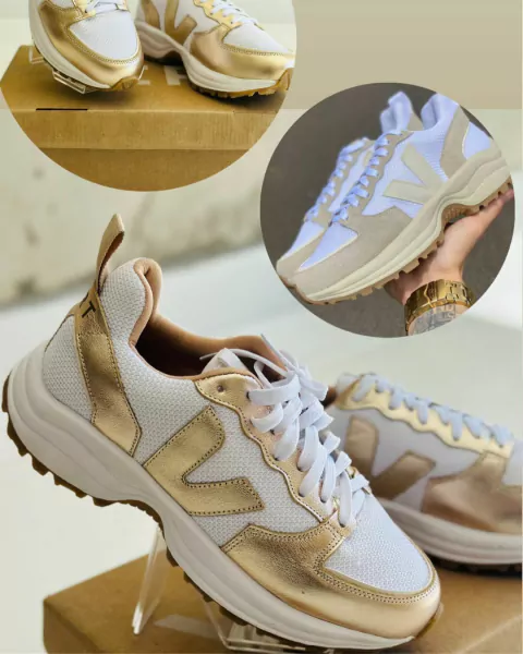 Tênis Branco Marrom Dourado