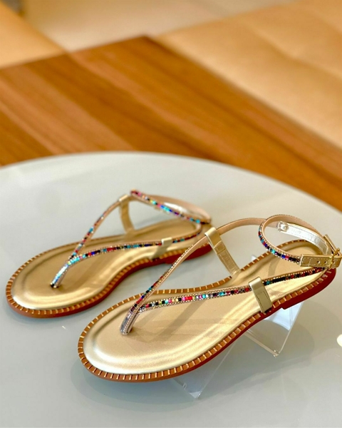 Rasteira Ouro com Tiras de Strass e Amarração Ajustável - comprar online