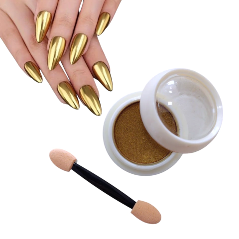 Pó cromado dourado com aplicador para unhas
