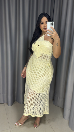 Vestido Flowers Tricot Renda Premium - Amarelo Manteiga
