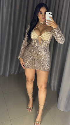 Vestido Juju Paetê Luxo Com Cetim - Dourado