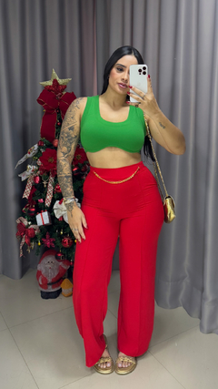 Calça Pantalona Detalhe Corrente Crepe Duna Vermelha - Anna Closet DF 