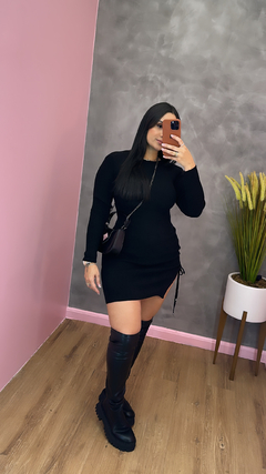 Vestido Duda Tubinho com Fenda Tricot com Manga - Preto no