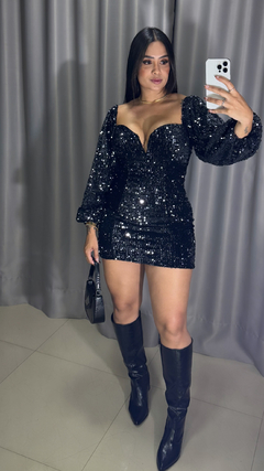 Vestido Paetê Manga Longa - Preto