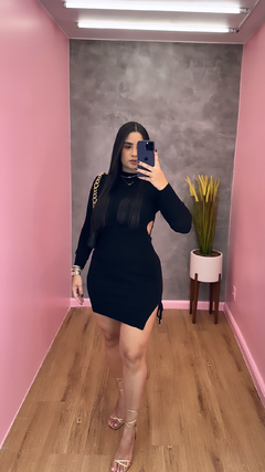 Imagem do Vestido Duda Tubinho com Fenda Tricot com Manga - Preto no