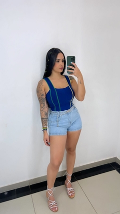 Cropped Tricot Modal Decote Reto Azul
