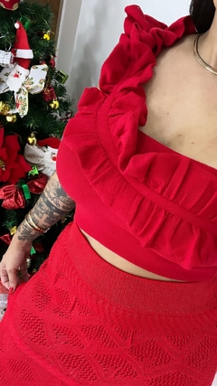 Saia Midi Tricot Linha Premium Bordado Com Fios de Lurex Vermelha - Anna Closet DF 