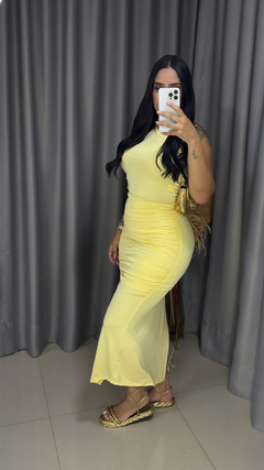 Vestido Mídi Drapeado Efeito Lipo - Amarelo Manteiga - loja online